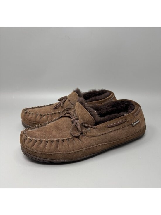 LL Bean Wicked Good Men\'s Brown Suede Shearling Lined Moccasin Slippers Size 9 M main image 4